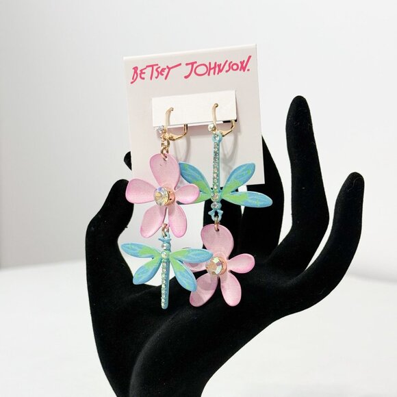 Betsey Johnson NWOB Flower Dragonfly Dangle Mismatch Earrings